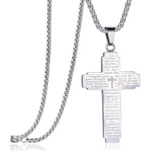 Stainless Steel Our Father Lord's Prayer Cross Pendant Necklace for Women Men Ch